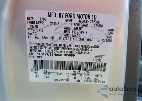 2006 Ford Escape Hev z USA, uszkodzony, nr VIN 1FMYU95H06KC05899